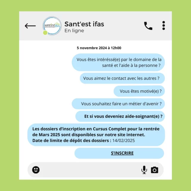 📣Vous souhaitez devenir aide-soignant(e) ? Rejoignez-nous ! 

Nous vous rappelons que les dossiers d'inscription en Cursus Complet pour la rentrée de Mars 2025 sont disponibles sur notre site internet ! 

🗓️ Date limite de dépôt des dossiers : 14/02/2025
👉 Pour vous inscrire, cliquez ici : https://santestifas.fr/inscription/
