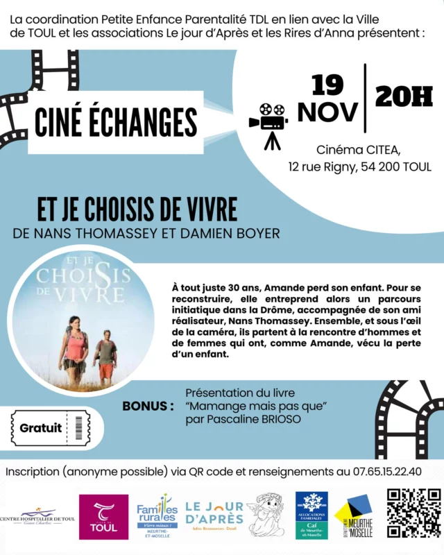 La maternité de Toul est partenaire de la diffusion du film « Et je choisis de vivre » autour du deuil d’un enfant, le mardi 19 novembre à 20h00 au Cinéma Citéa de Toul 🎥

👉 Inscription via le QR code ci-dessous et pour plus d'informations, n'hésitez pas à contacter le 07 65 15 22 40.